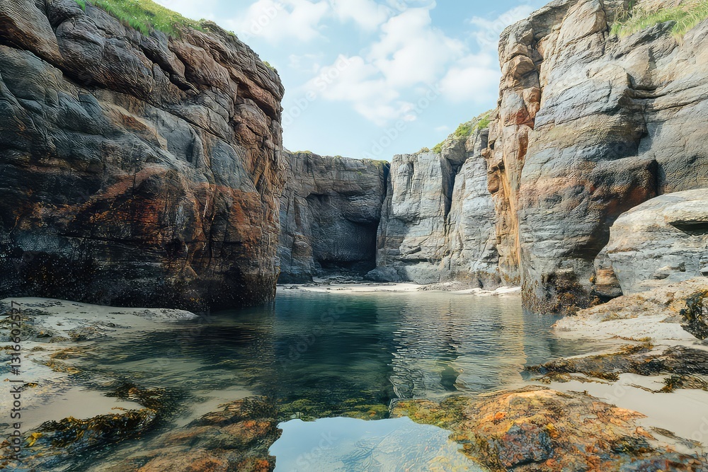 Fototapeta premium A rock pool nestled between cliffs, holding life in its calm embrace.