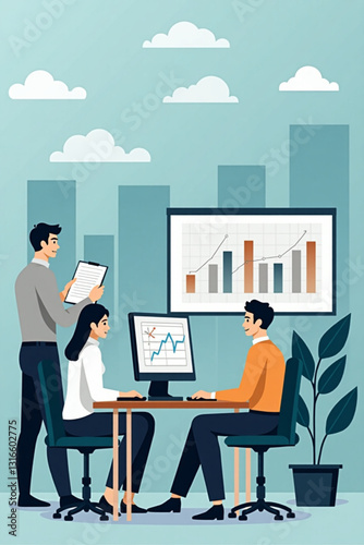 "Business Set of Professionals Utilizing Modern Technology to Achieve Financial Objectives in a Corporate Workspace"