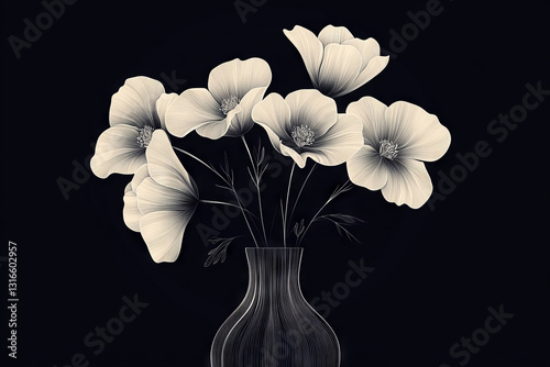 Wallpaper Mural A minimalist black and white stylized piece of art vase of flowers that has fewer and thinner lines. The image is meant to depict flowers in a fluid, abstract design using very smooth, continuous  Torontodigital.ca