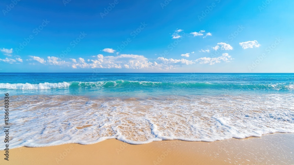Serene Ocean Waves Gently Washing Over Sandy Beach Under Blue Sky Serene Ocean Waves Gently Washing Over Sandy Beach Under Blue Sky