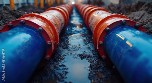 Wallpaper Mural Workers install bold blue and red pipes in a trench, surrounded by dirt and water, as part of an ongoing utility project during the day Torontodigital.ca