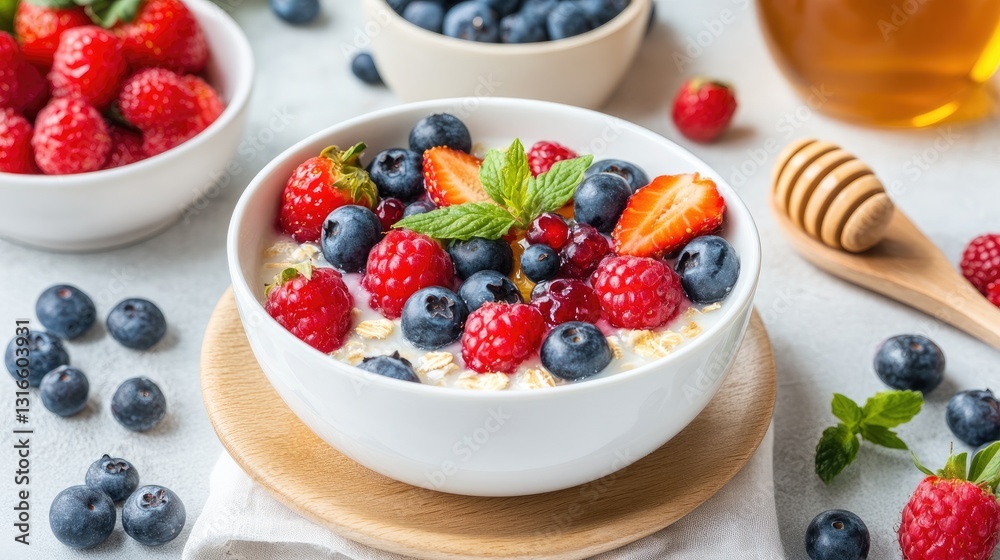 Fresh Berry Bowl with Oats and Honey on Rustic Table Setting Fresh Berry Bowl with Oats and Honey on Rustic Table Setting
