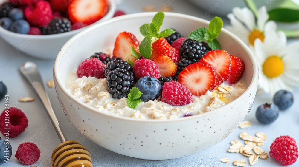 Fresh Berries and Oatmeal Bowl with Honey and Mint Leaves Fresh Berries and Oatmeal Bowl with Honey and Mint Leaves