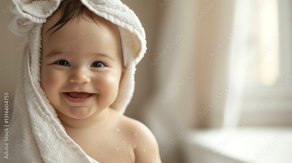 A baby is wrapped in a white towel, looking at the camera and smiling. A baby is wrapped in a white towel, looking at the camera and smiling.