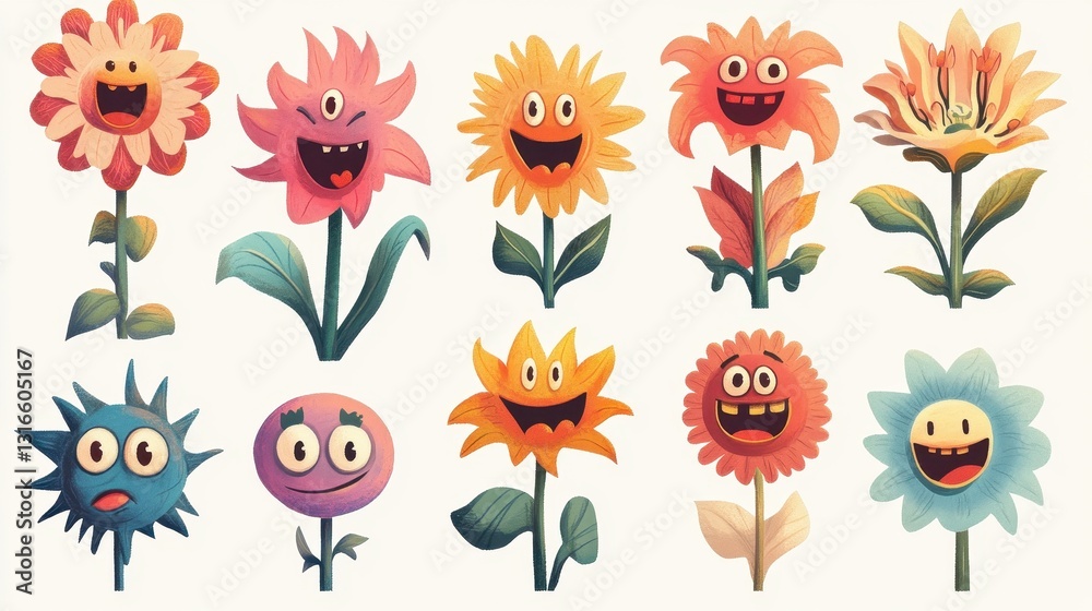 Whimsical and cartoonish flowers with expressive faces are smiling Whimsical and cartoonish flowers with expressive faces are smiling