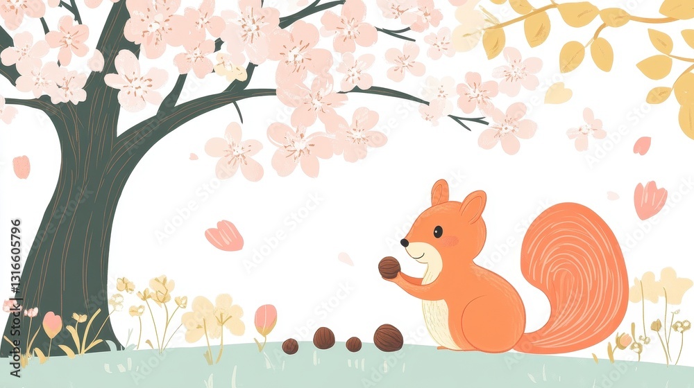 An adorable squirrel gathers nuts underneath a flowering tree