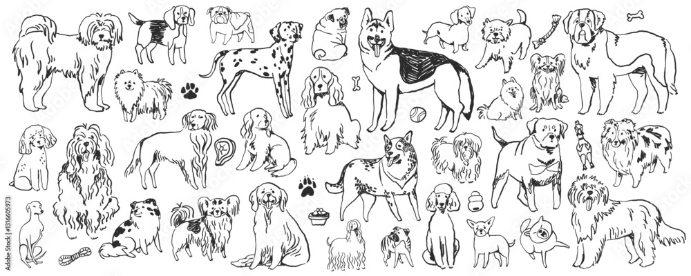 Hand-drawn doodle dog breeds set, whimsical ink sketched illustrations Hand-drawn doodle dog breeds set, whimsical ink sketched illustrations