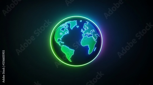 Sleek neon globe icon in electric blue and green with glowing continents on dark background

