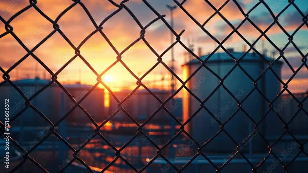 Sunset view of industrial tanks behind chain-link fence. Possible use Stock photo for industrial design