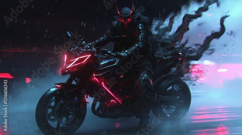 Neon Samurai Riding a Motorbike in a Swirling Dark Atmosphere photo