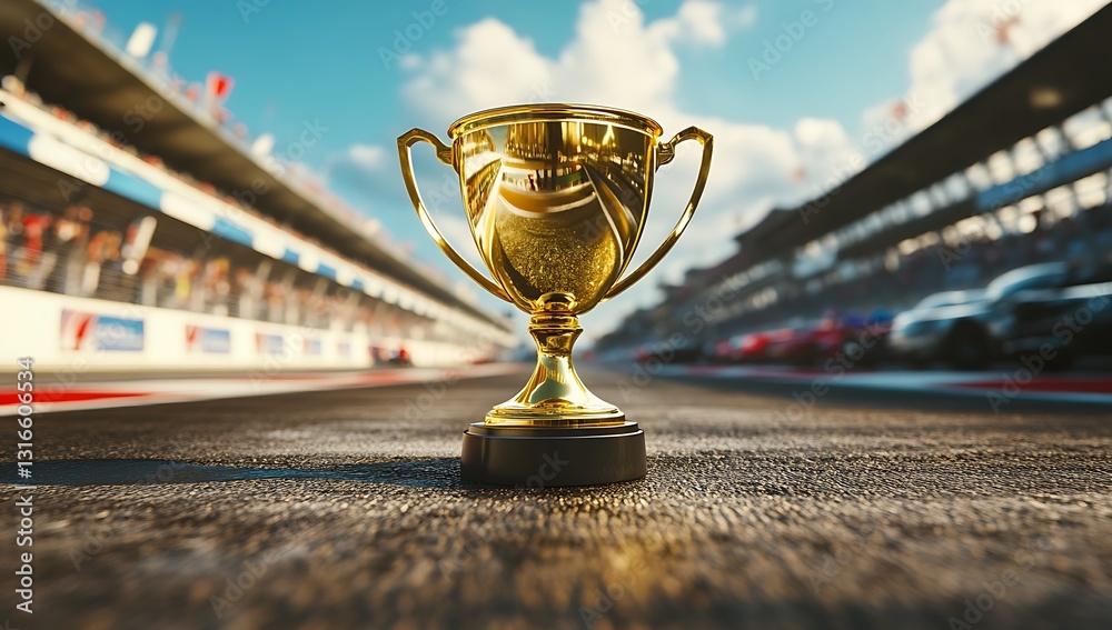 Obraz premium Golden Winner Trophy on Race Track Championship Award, Motorsport Success