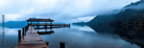 A serene photo of Bali's Ulun Danu Beratan Temple, surrounded by calm waters and mountains photo
