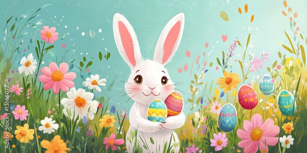 Obraz premium A happy Easter bunny holding painted eggs among flowers and grass