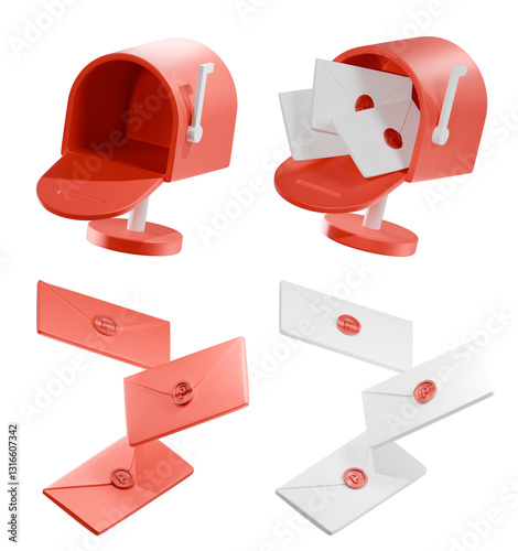 3D Red mailbox with envelope. Mail delivery, and newsletter concept. Mail notifications. Set of mailboxes. 3d render illustration.