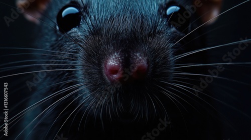 Close-up of a black rat with a pink nose ring, looking up at the camera with eyes wide open.