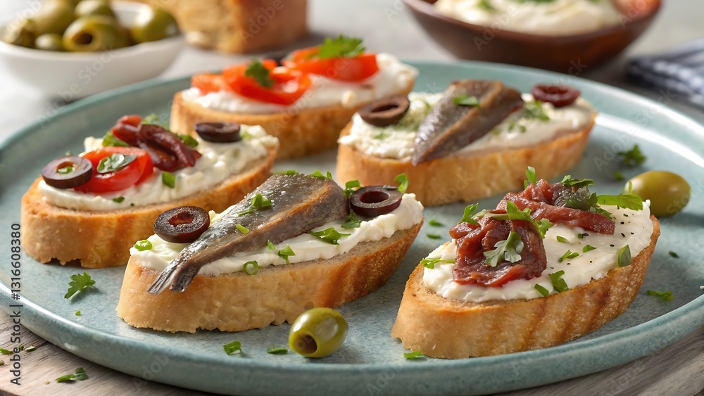Variety of Appetizers with Anchovy Fillets – Elegant Culinary Presentation Variety of Appetizers with Anchovy Fillets – Elegant Culinary Presentation