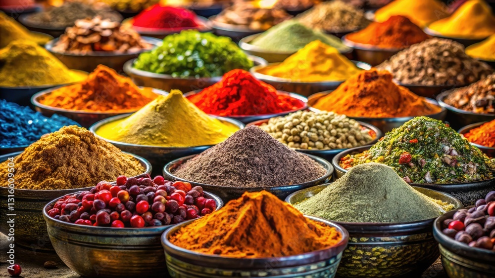 Fototapeta premium A vibrant tapestry of spices, curries, and salts fills the market; a high-angle close-up reveals its colorful bounty.