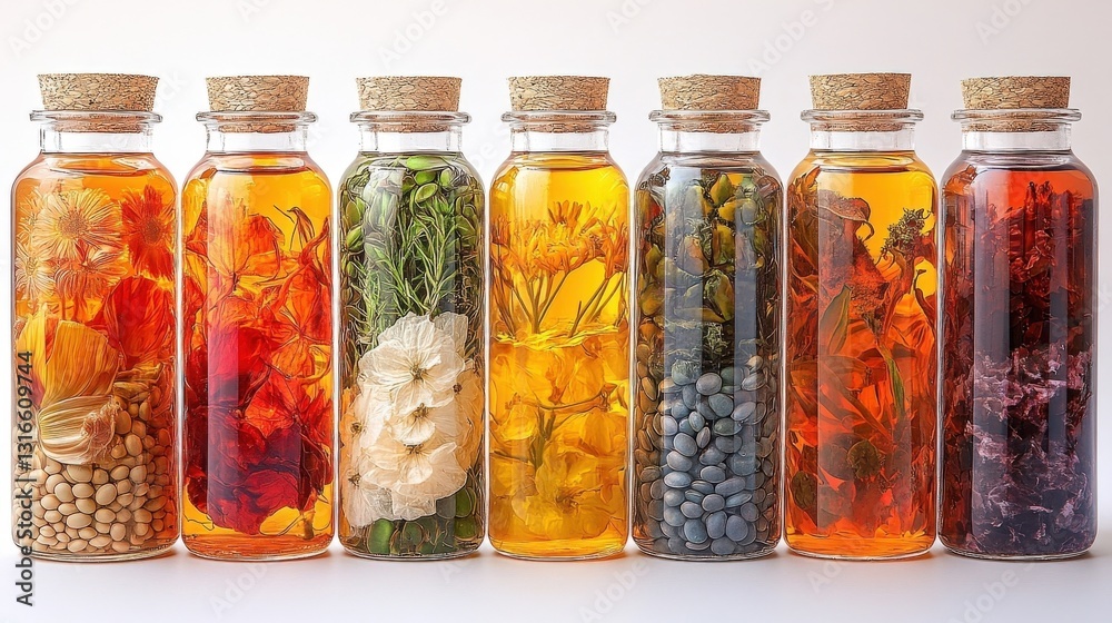 Bottled Ingredients Display Herbs And Spices For Laboratory Experiment, Close Plan Bottled Ingredients Display Herbs And Spices For Laboratory Experiment, Close Plan