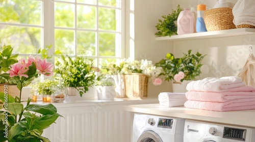 Bright and Airy Laundry Room with Plants and Fresh Towels