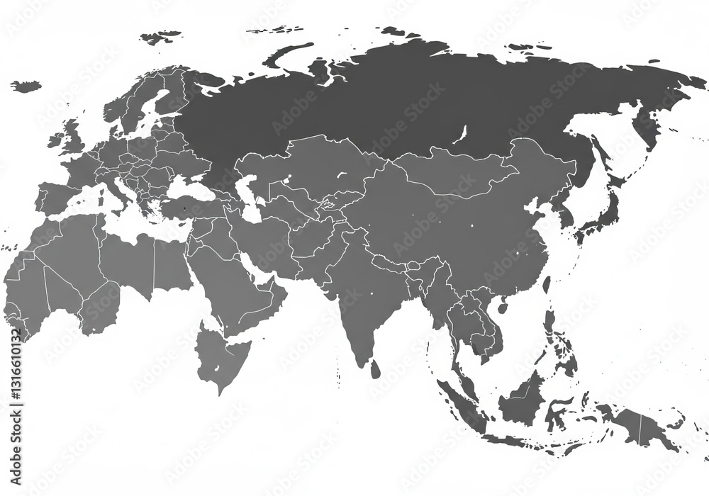 Obraz premium Gray Detailed Map of Eurasia Showing Country Borders and Landmasses