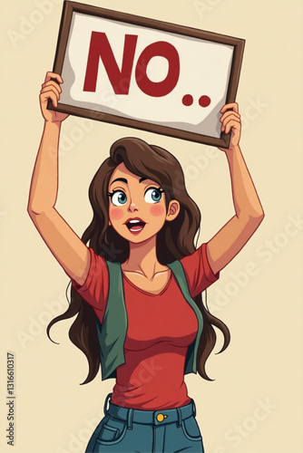 Emotional Vector of Female Protester Holding NO Placard Against Abuse and Mistreatment