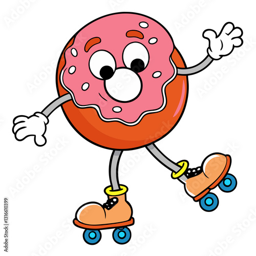Fun and playful donut character roller skating, cheerful illustration