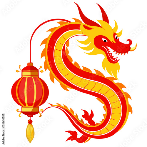 Stylized chinese dragon with hanging lantern vector illustration