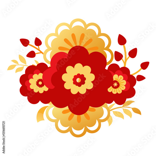 Stylized floral arrangement in gold and red on a dark backdrop design