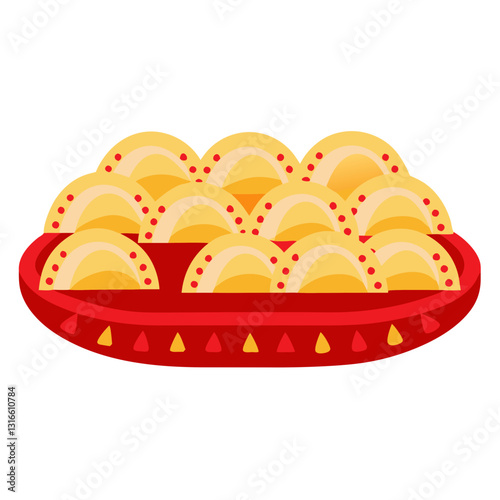 Delicious dumplings arranged on red plate with ornamental details design