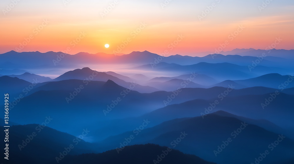 Fototapeta premium Sunrise over misty mountain range. (1)