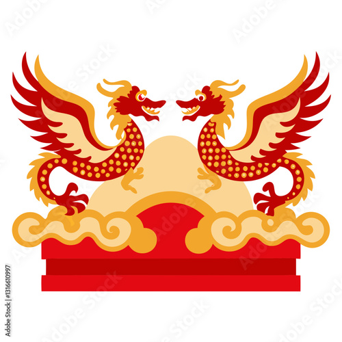 Vibrant stylized twin dragons artwork symbolizing power and prosperity