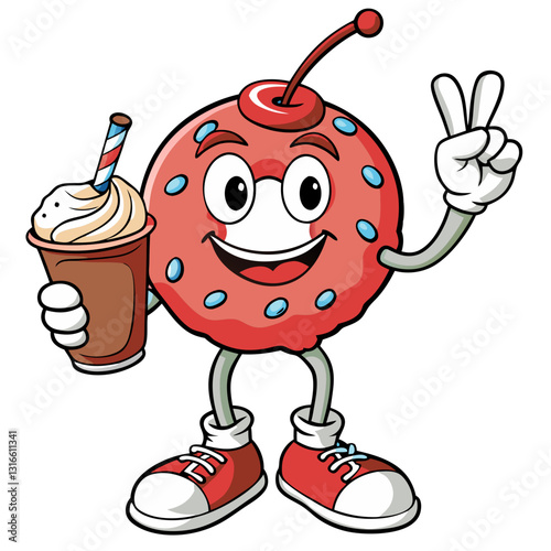 Cheerful cherry character promotes beverage with peace sign and bright smile