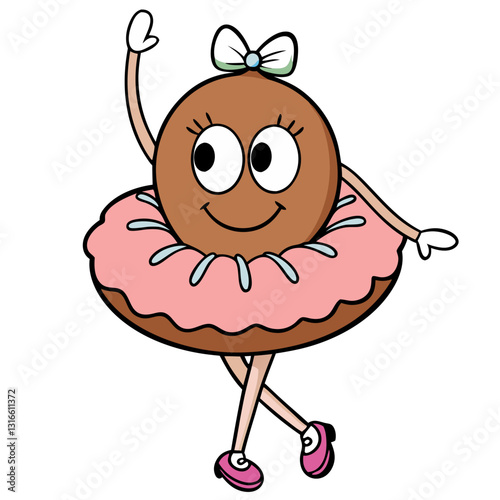 Whimsical doughnut ballerina illustration against solid black backdrop