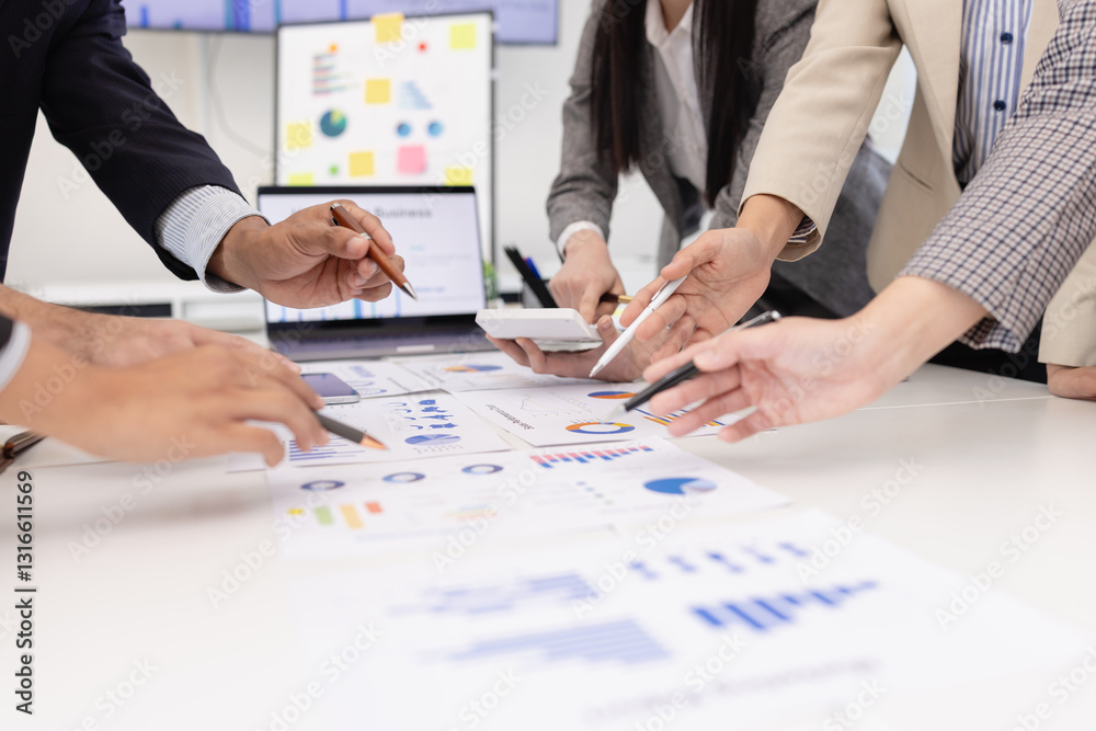 Group of business people working together with marketing strategy analysis at meeting room, Business technology in boardroom for training marketing concept. Group of business people working together with marketing strategy analysis at meeting room, Business technology in boardroom for training marketing concept.