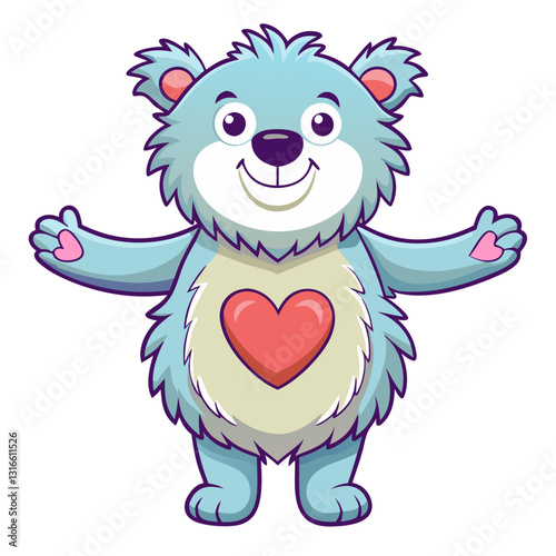 Friendly blue cartoon bear with heart, outstretched paws offering a hug
