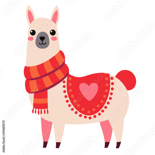 Charming Illustration of a Kawaii Llama Adorned with a Scarf and Heart
