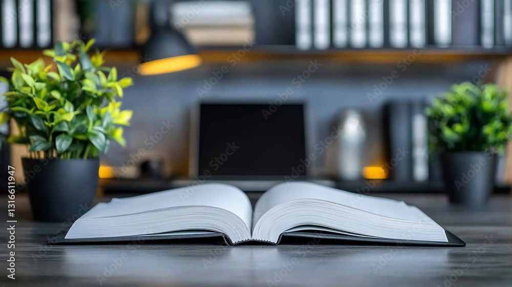 Open book on desk with laptop, plants, and lamp in cozy office background Open book on desk with laptop, plants, and lamp in cozy office background