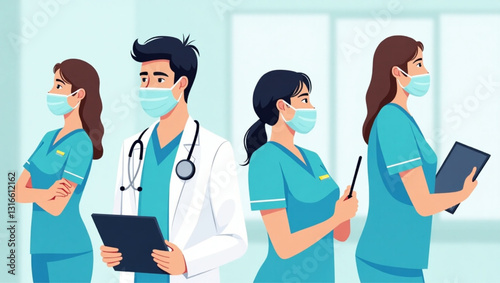 Group of Doctors and Nurses Wearing Face Masks in Hospital