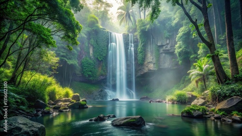 Serene Waterfall Cascading into a Lush Emerald Pool, Surrounded by Vibrant Green Foliage and Towering Trees in a Misty Rainforest