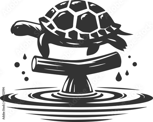 Tortoise balancing on a floating log in water vector silhouette