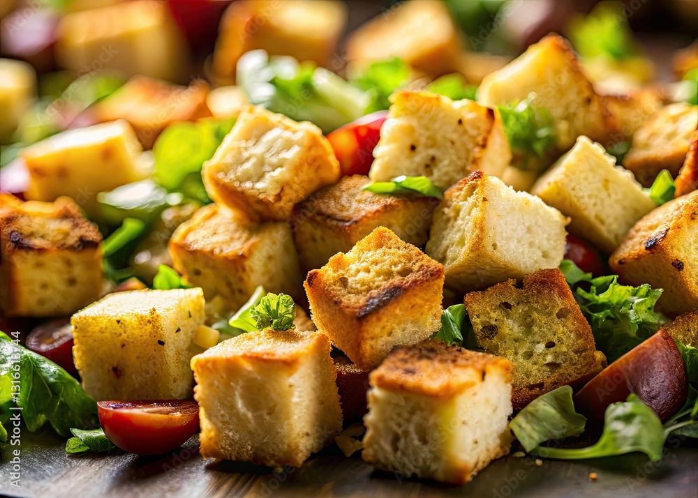 Crunchy homemade bread cubes, close-up. A textural feast for the eyes; perfect salad topping. Crunchy homemade bread cubes, close-up. A textural feast for the eyes; perfect salad topping.
