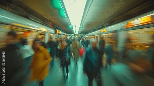 Busy Metro Station, People Rush, Urban Scene, Motion Blur photo