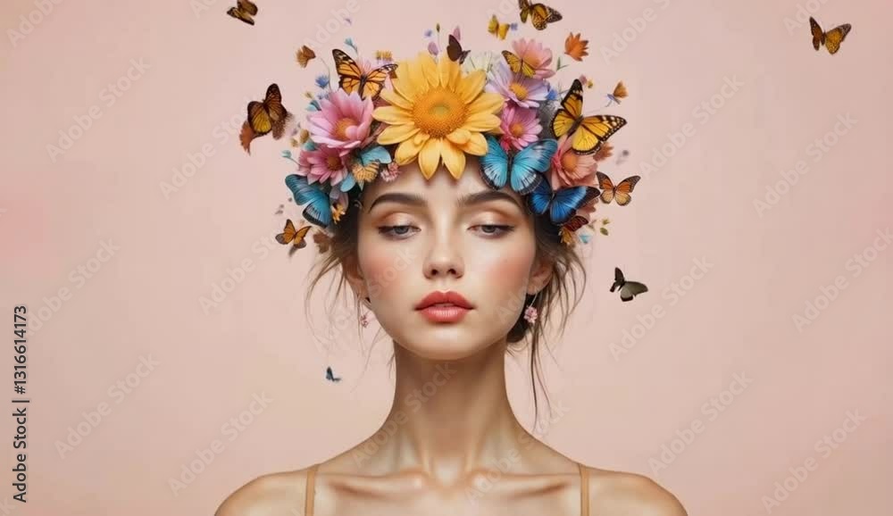 ia generated. A woman's face is covered in flowers and butterflies, mental health concept ia generated. A woman's face is covered in flowers and butterflies, mental health concept