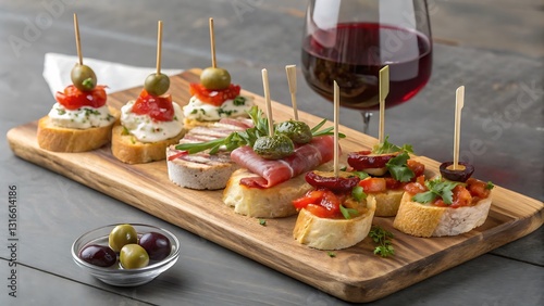 Assorted Spanish Pinchos with a Glass of Red Wine