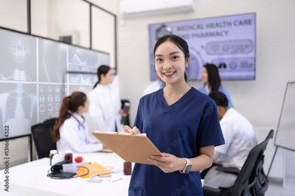 Fototapeta premium Healthcare and medical concept, Happy female doctor with clipboard standing in hospital.