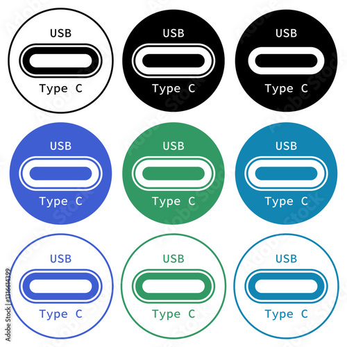 Multiple colorful vector icons of USB Type C connections for technology graphics