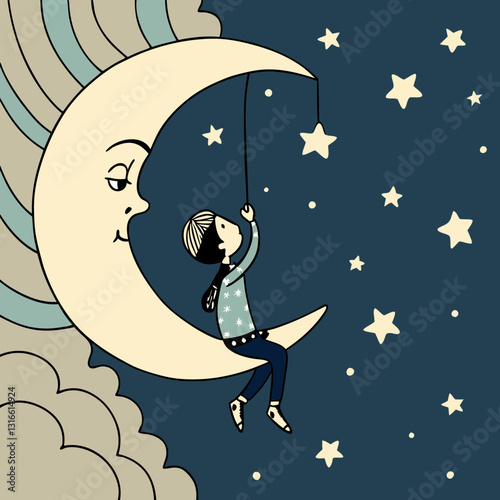 Girl swinging on a crescent moon with stars and clouds, whimsical illustration