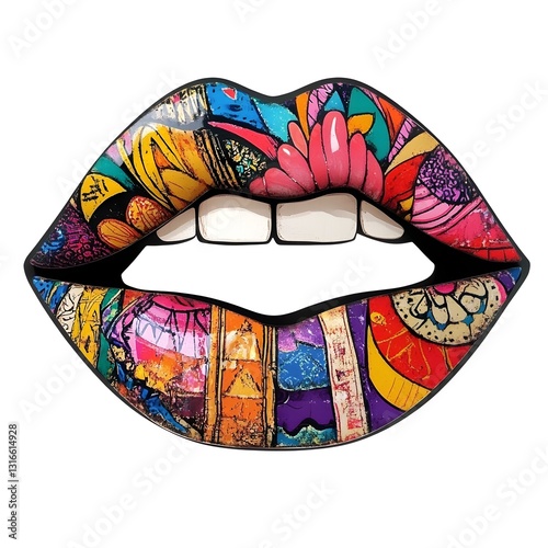 Visually striking abstract artwork featuring a vibrant and captivating interpretation of lips with a psychedelic surreal and creative design incorporating bold colors dynamic patterns