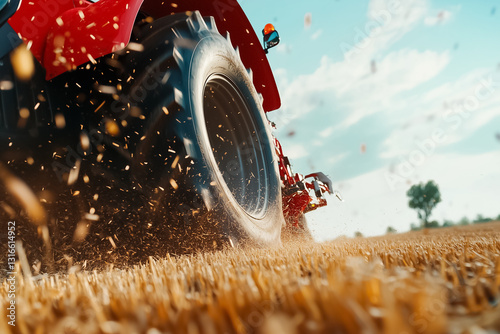 A harvester engages in the process of cutting and compacting straw into large bales, with its impressive mechanism highlighted