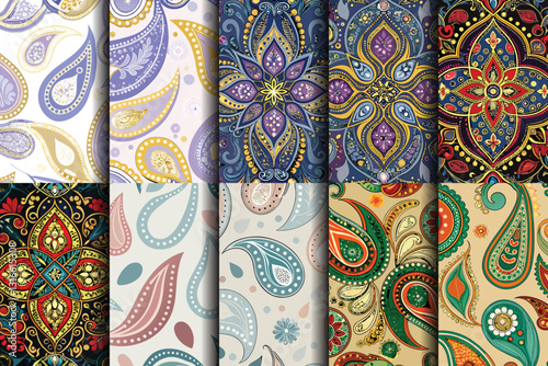 Colorful abstract paisley patterns in vibrant hues on a decorative background.